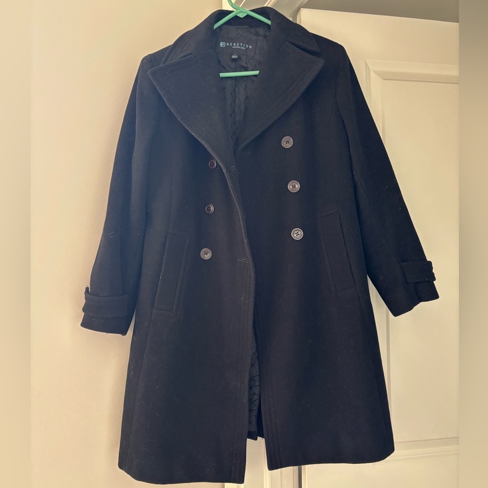 Kenneth Cole Black Pea Coat Timeless Wool Blend